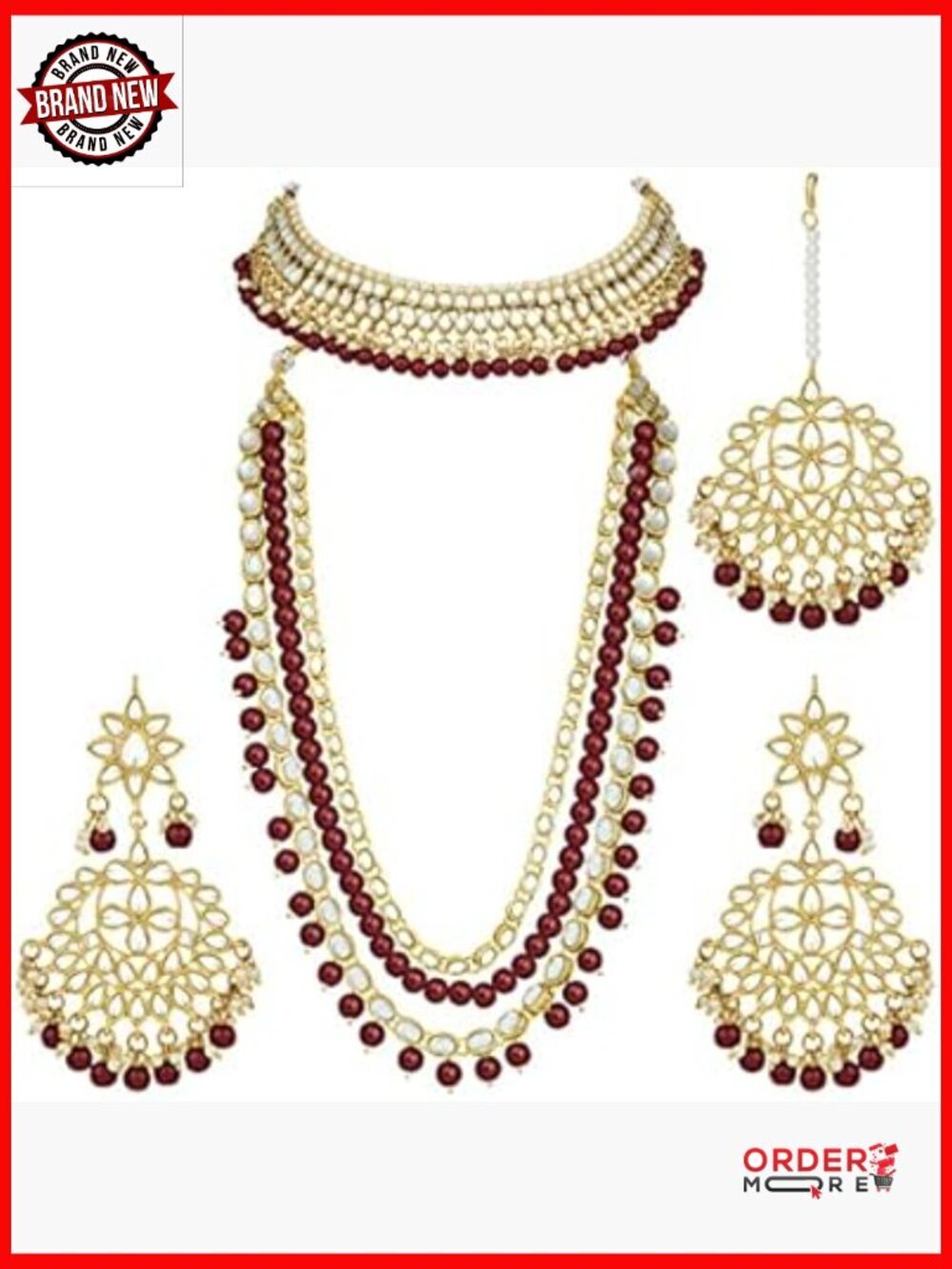 Traditional Indian Bridal Jewelry Set with Pearl Necklace Earrings Maang Tikka